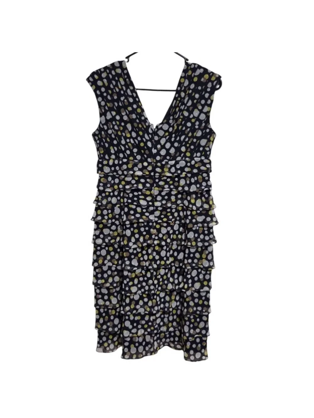 Adrianna Papell Tiered Midi Dress Size 10 Navy Polka Dot Sleeveless Cocktail